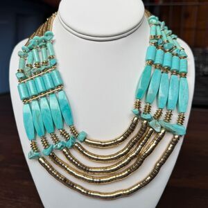 Chicos Multi-Strand Turquoise & Gold Beaded Statement Bib Necklace Costume